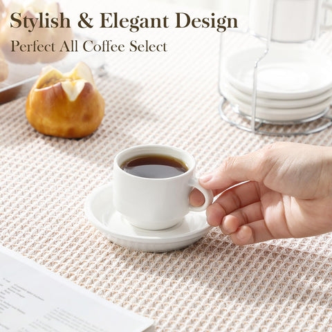 MALACASA four-ounce espresso cup on a saucer ready for cappuccino.