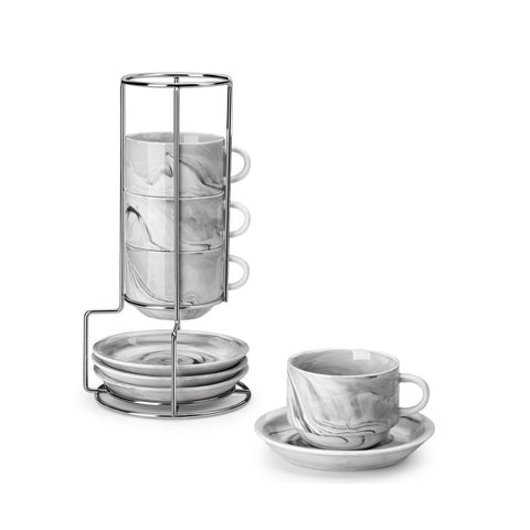 MALACASA espresso cups with saucers and metal stand set for space-saving storage