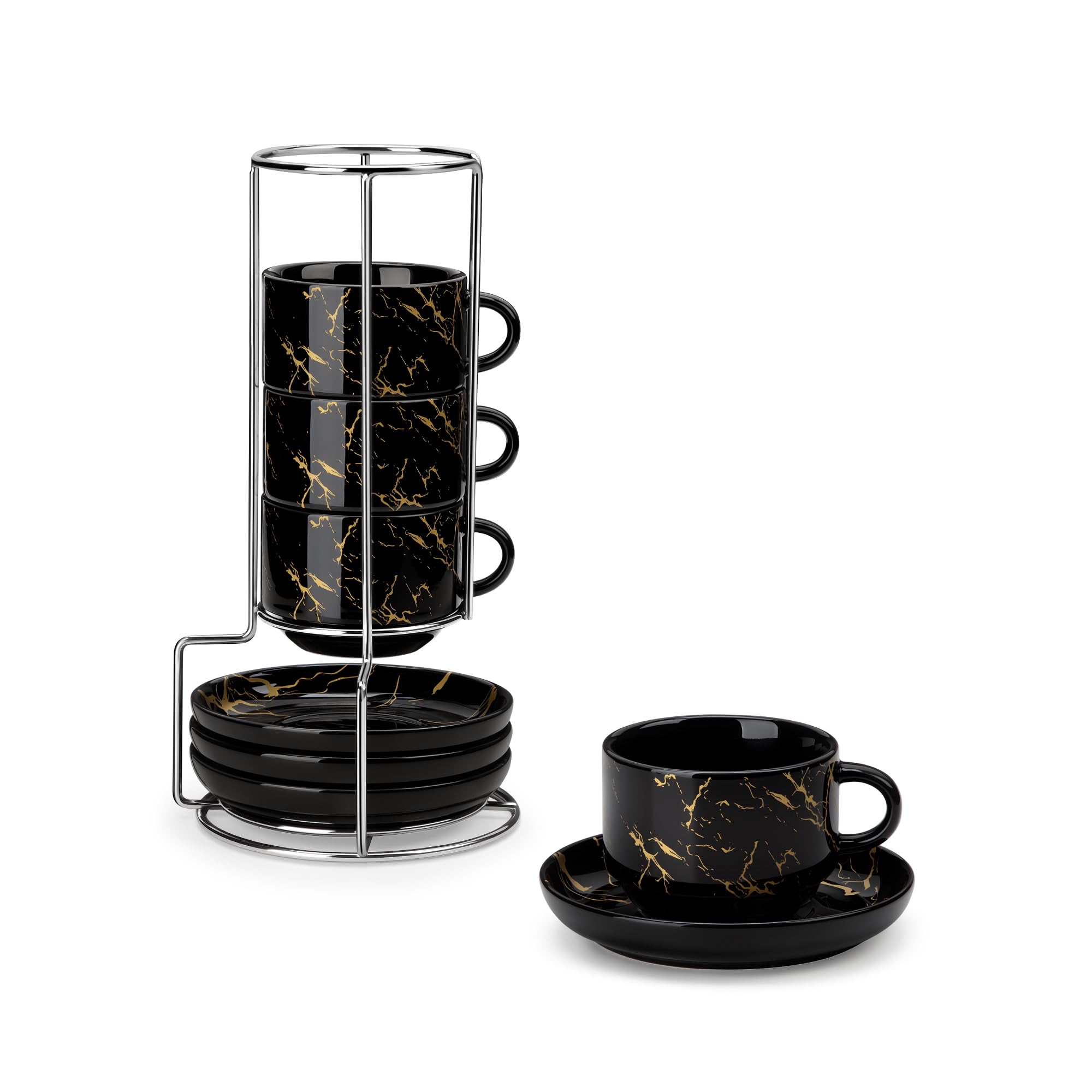 malacasa espresso cups and saucers on a metal stand, space-saving display for coffee bars.