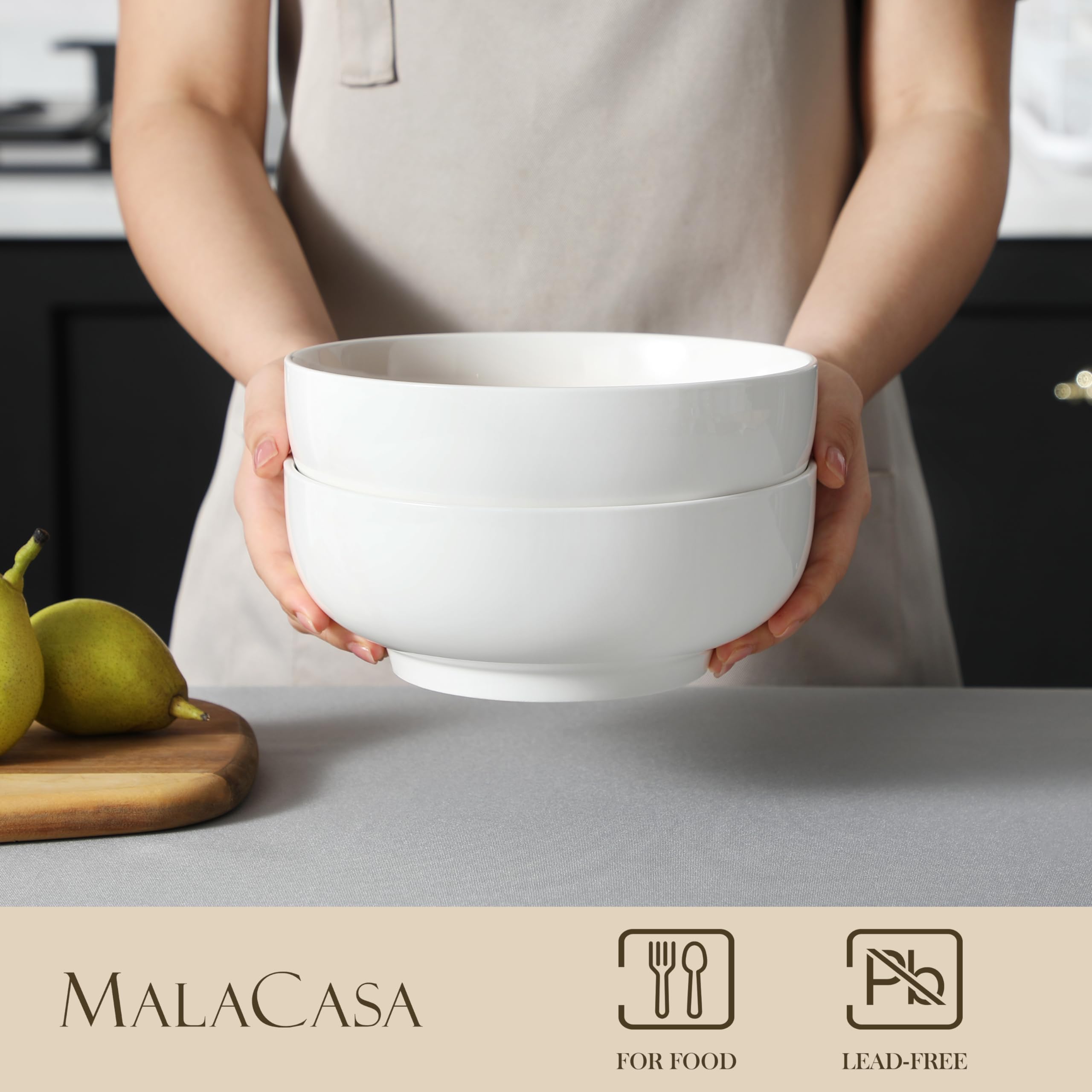 MALACASA porcelain bowls for pasta servings; durable and easy to clean.