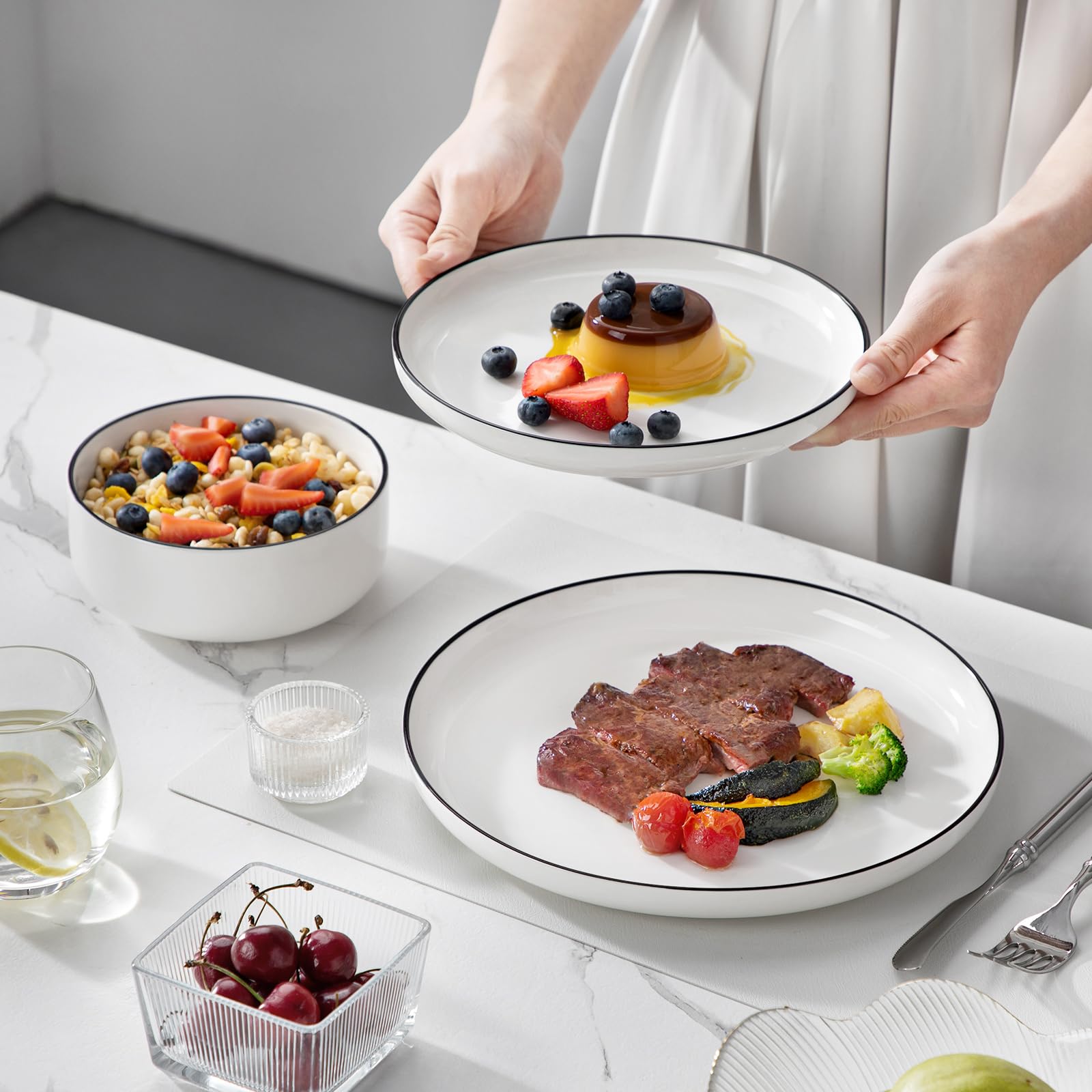 MALACASA Luna white porcelain look suits modern dining spaces.