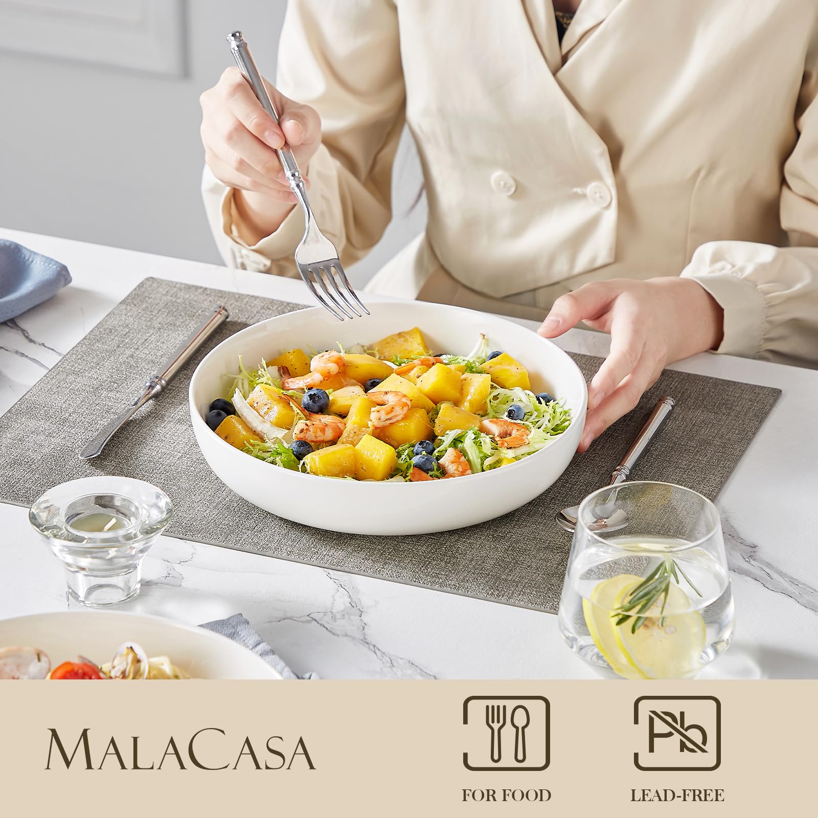 MALACASA LUNA wide shallow design reduces spills during serving