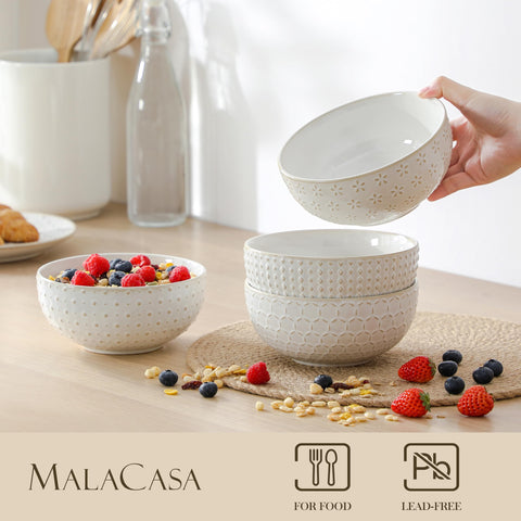 MALACASA Lydia Arctic White bowl filled with soup demonstrates generous 30 oz capacity.