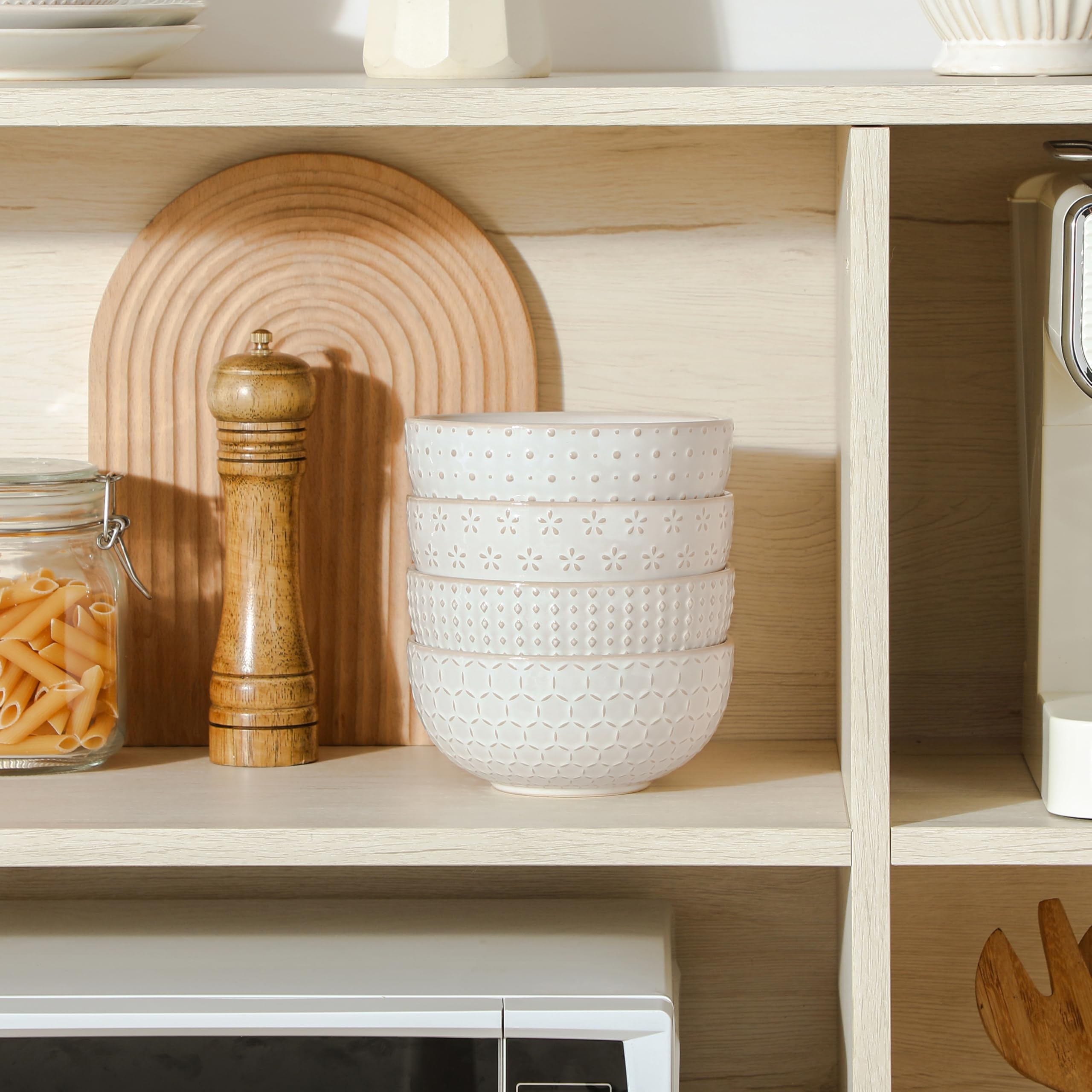 Detail of embossed pattern on MALACASA Lydia Arctic White bowl for tactile grip and style.