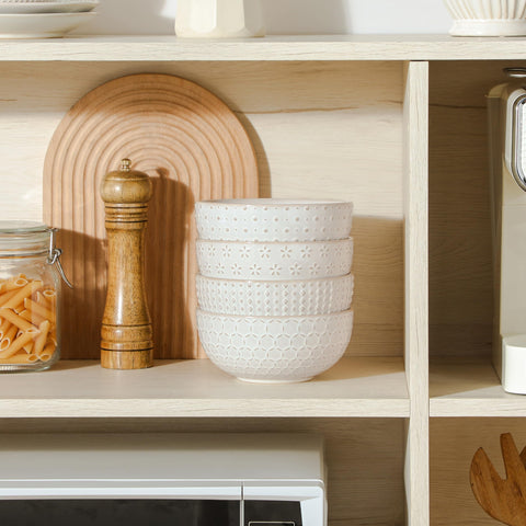 Detail of embossed pattern on MALACASA Lydia Arctic White bowl for tactile grip and style.