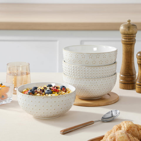 MALACASA Lydia Arctic White bowls used for versatile kitchen tasks like soups and cereals.