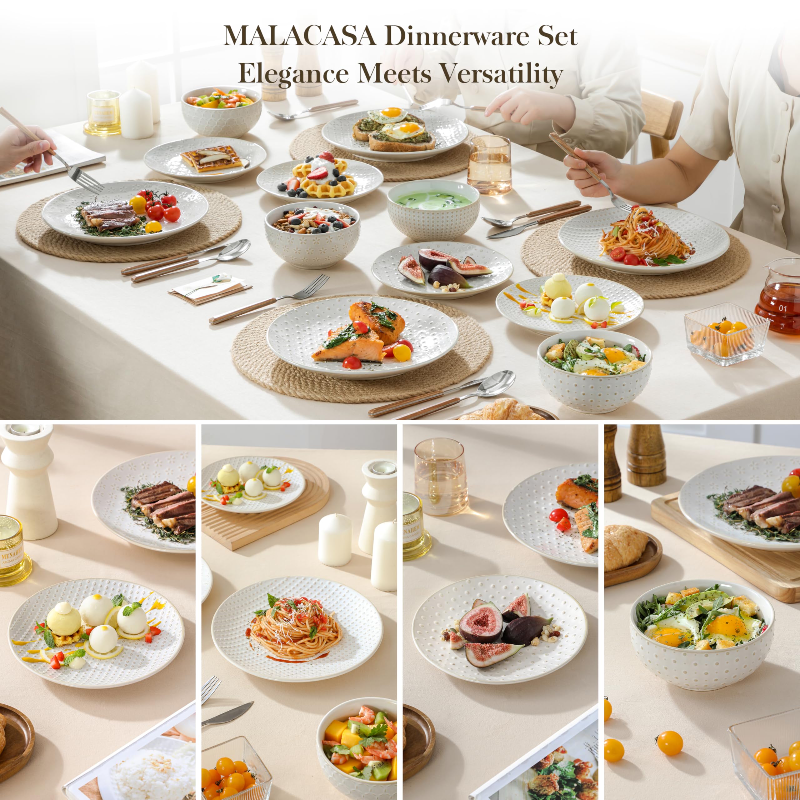 MALACASA Lydia bowls in white reactive glaze for everyday soups and cereals