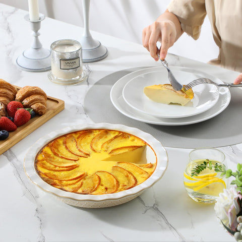 Stackable design saves cabinet space while keeping serving options stylish.