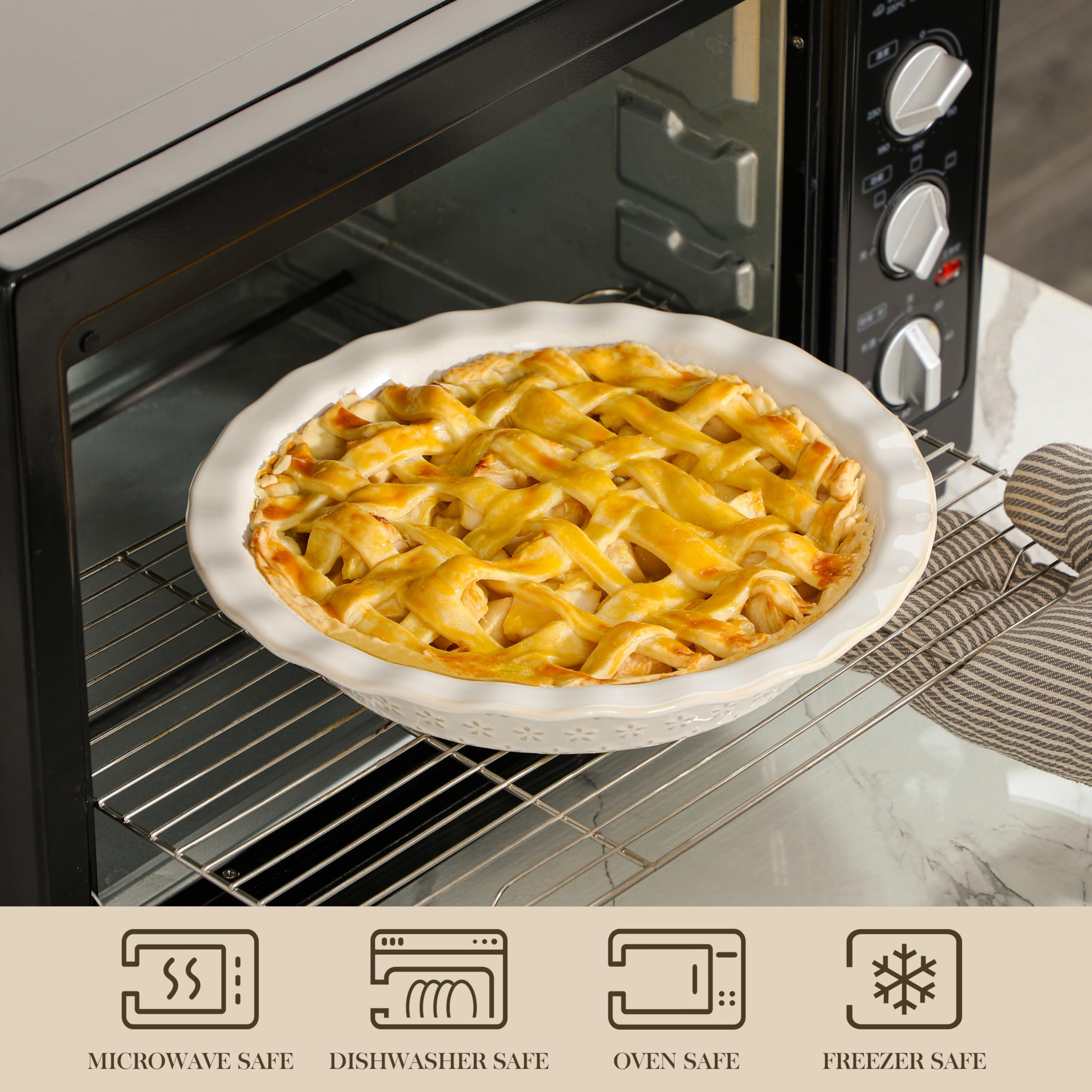 MALACASA Lydia stoneware is oven safe and helps even heat for golden crusts.