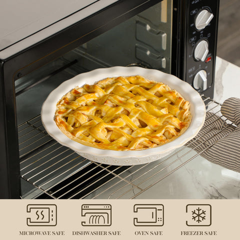 MALACASA Lydia stoneware is oven safe and helps even heat for golden crusts.