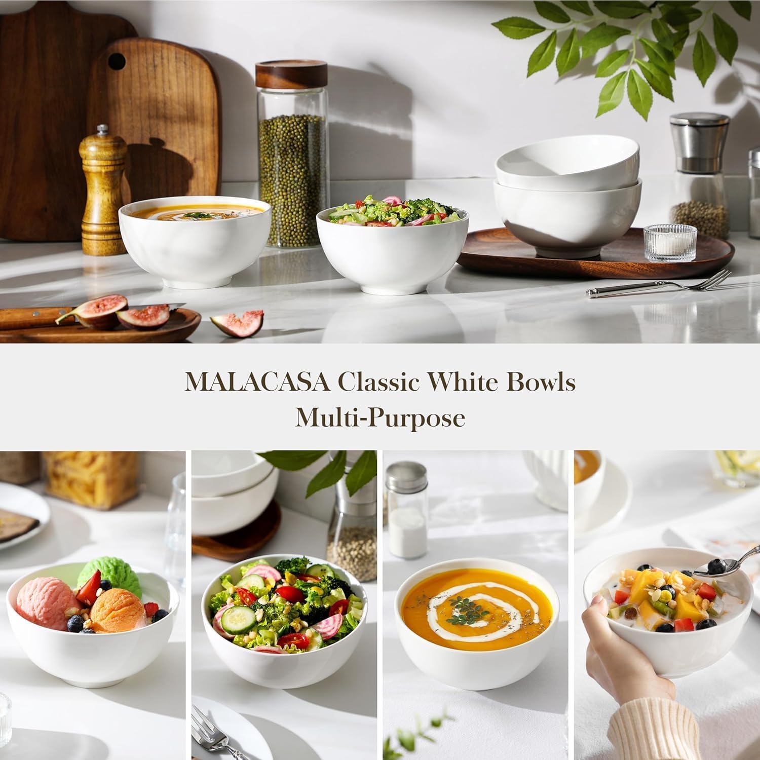 MALACASA microwave-safe porcelain bowls heat leftovers safely.