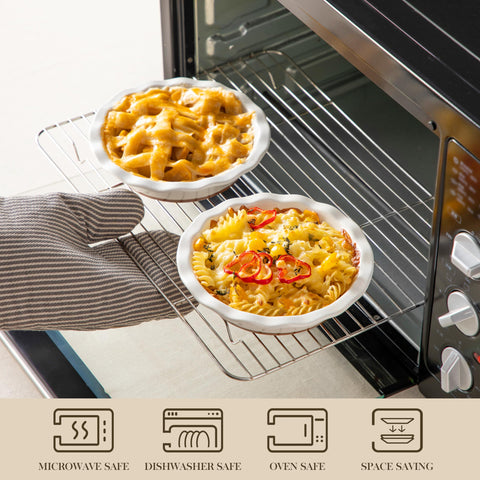 MALACASA oven-safe pie plate going from microwave to oven for versatile reheating.