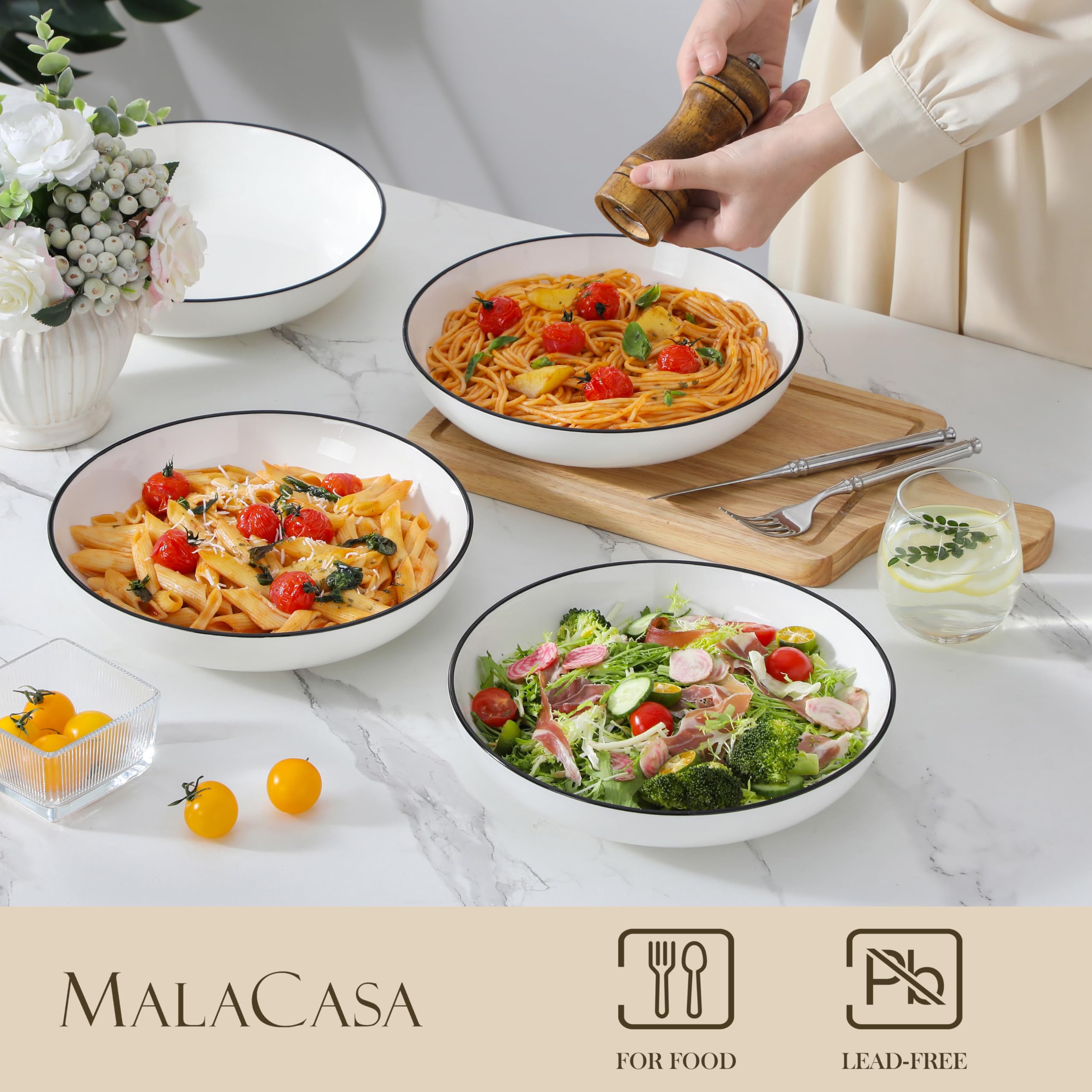 MALACASA wide shallow design bowl side view reduces spills.