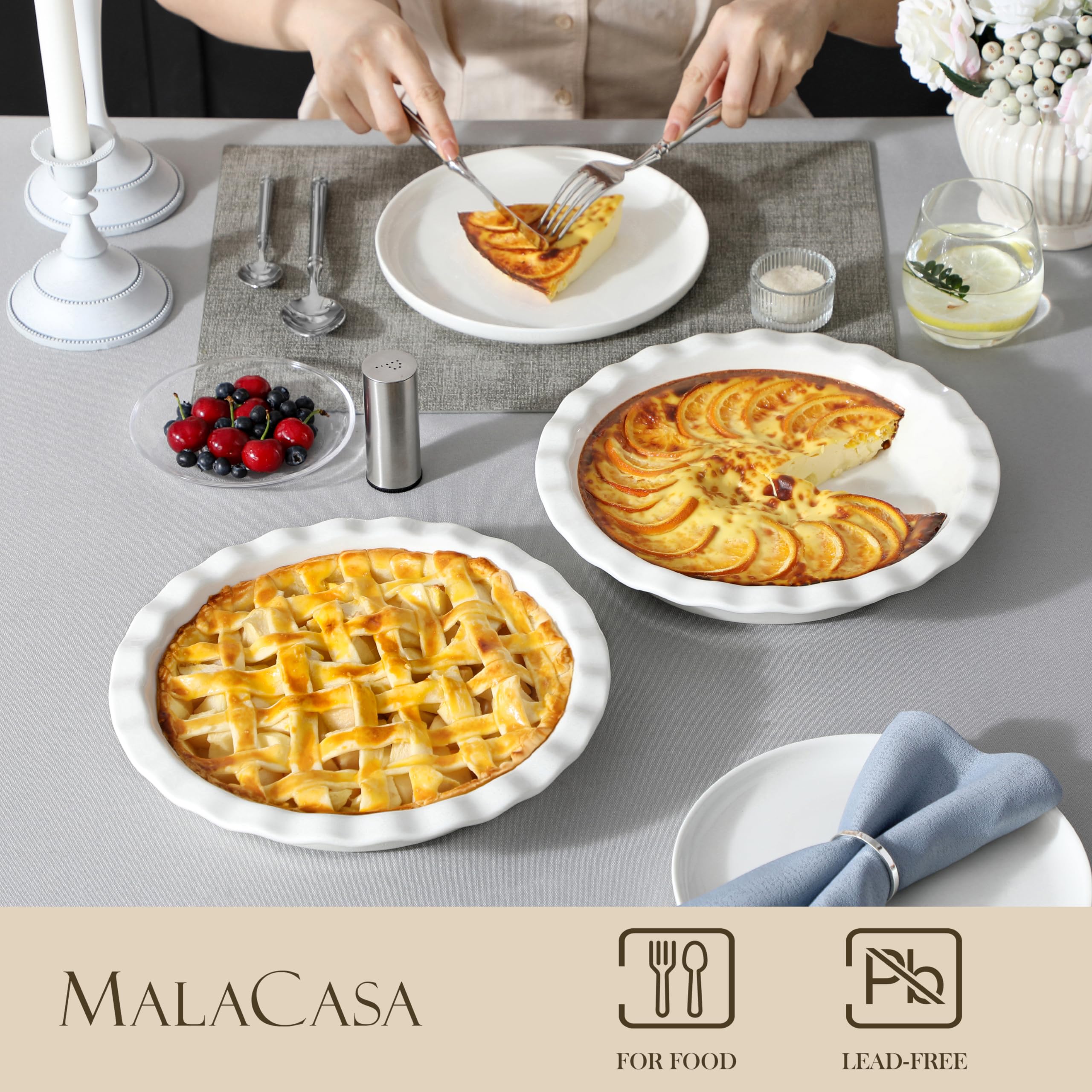 Malacasa pie pan 9-inch, non-stick bottom releases pies softly.