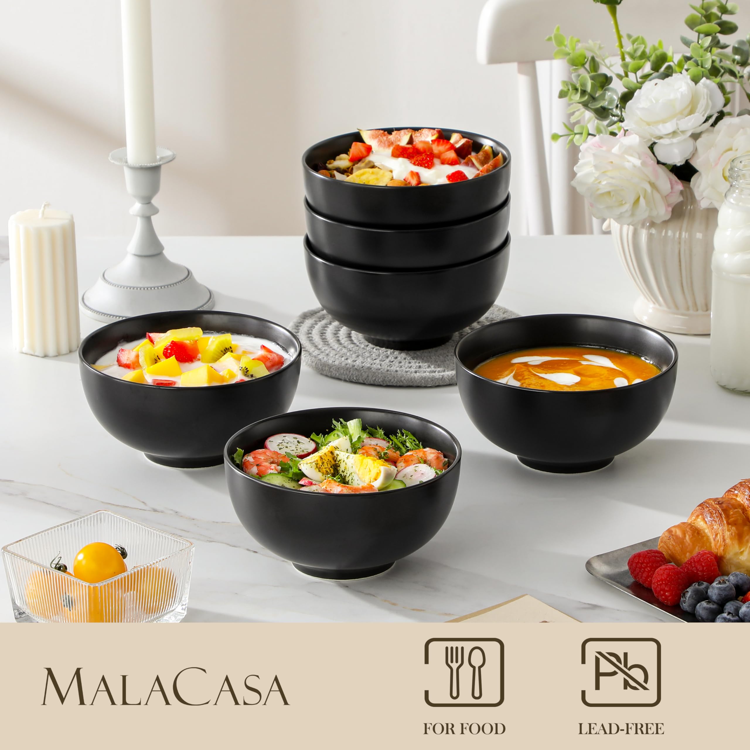 MALACASA porcelain bowls suitable for entrees, salads, and desserts.
