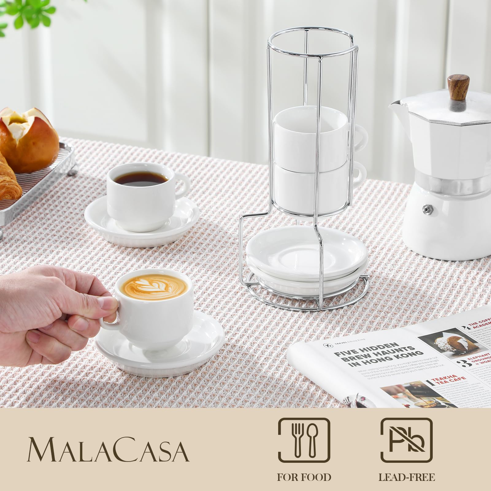 MALACASA porcelain espresso cups close-up showing bright, durable finish.