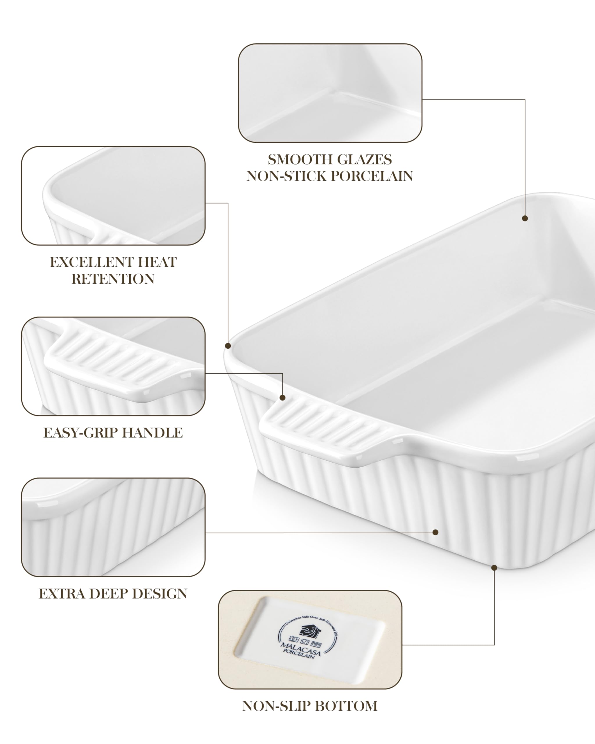 Malacasa rectangle casserole dish with dual handles for safe transfers.