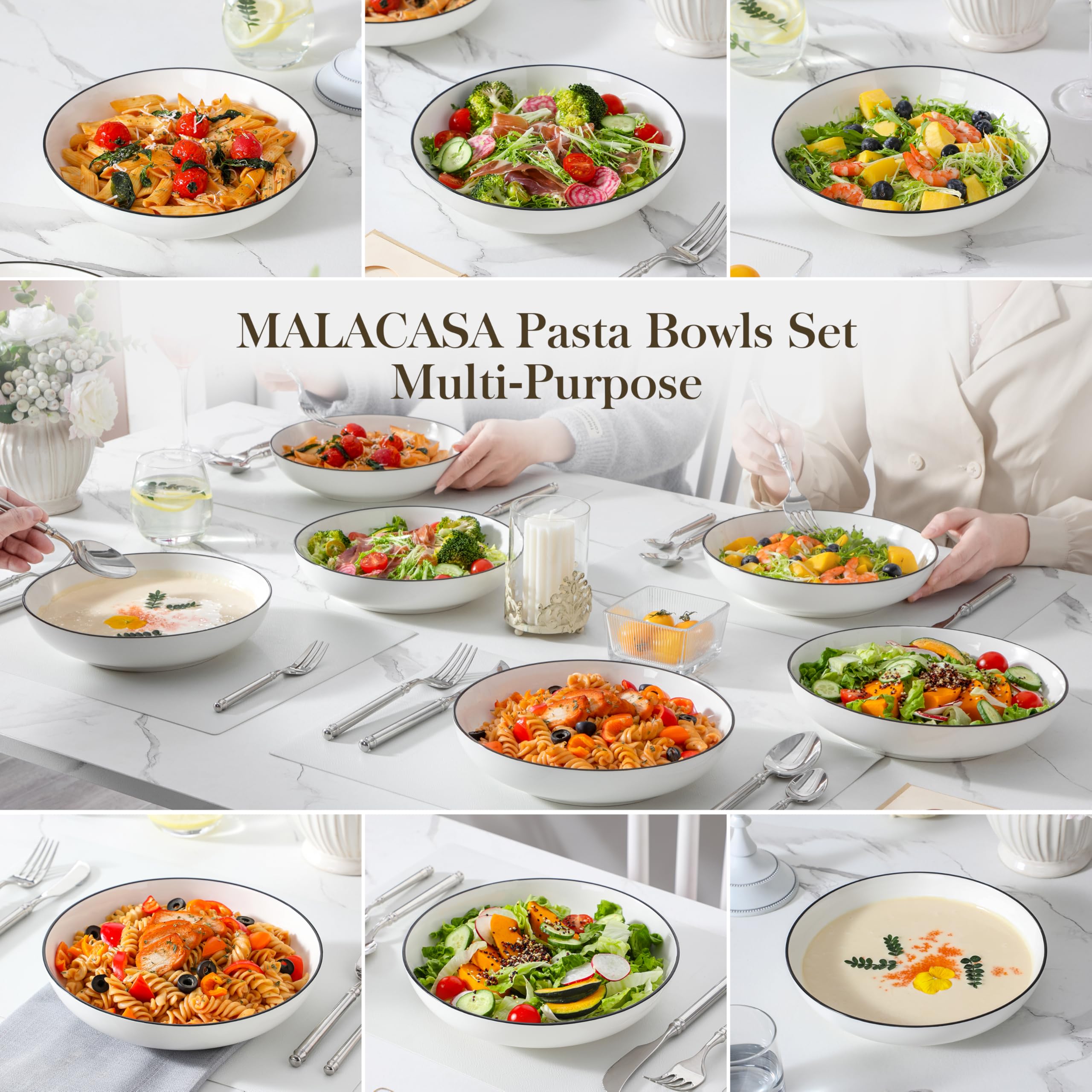 Stackable MALACASA porcelain bowls save cabinet space.