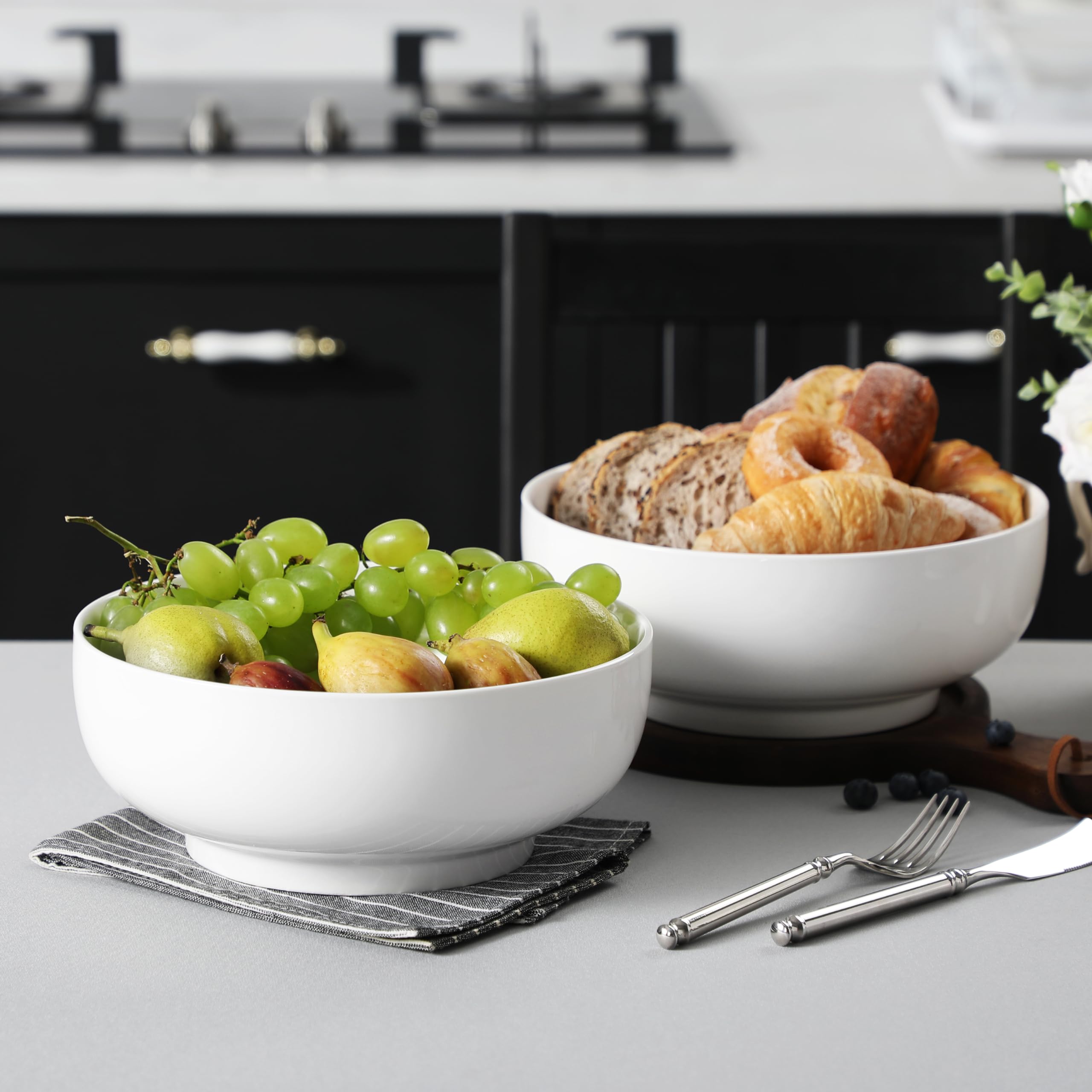 MALACASA serving bowls suitable for fridge, microwave, oven, and dishwasher.