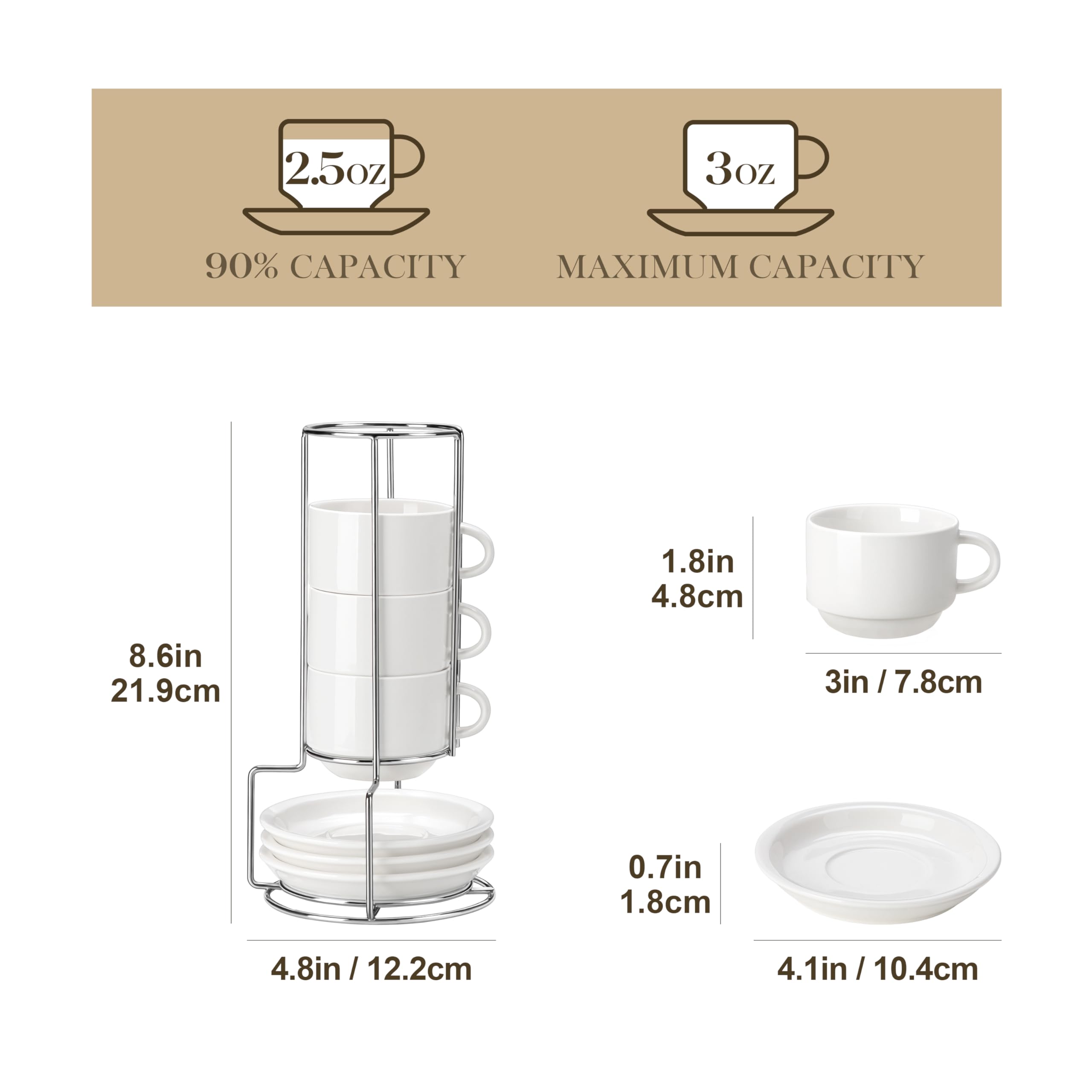 MALACASA stackable espresso cups on a sleek stand for space-saving display.