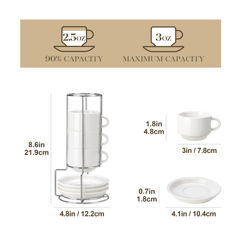 MALACASA stackable espresso cups on a sleek stand for space-saving display.