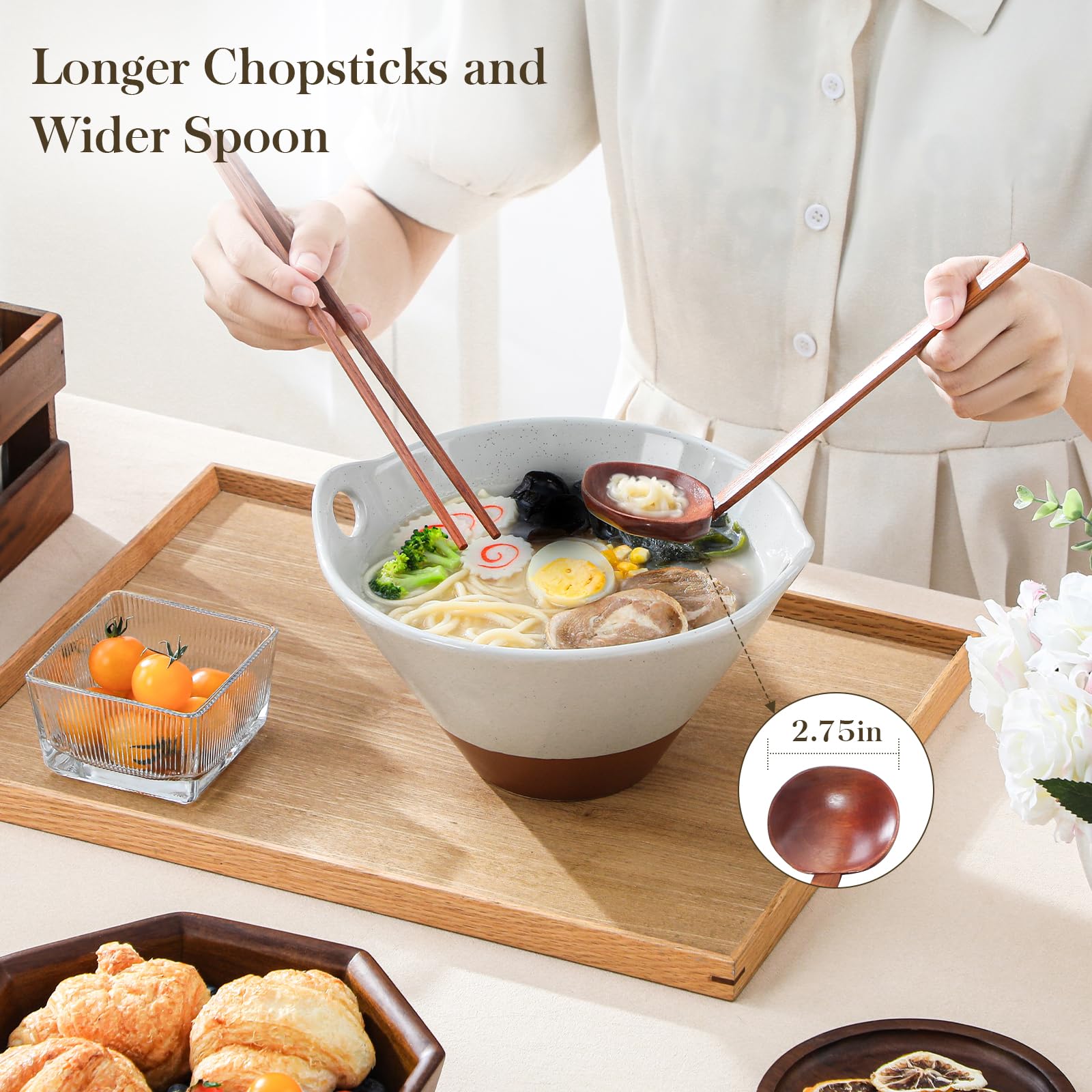 Long MALACASA Tara chopsticks complement deep bowls for precise noodle pickup