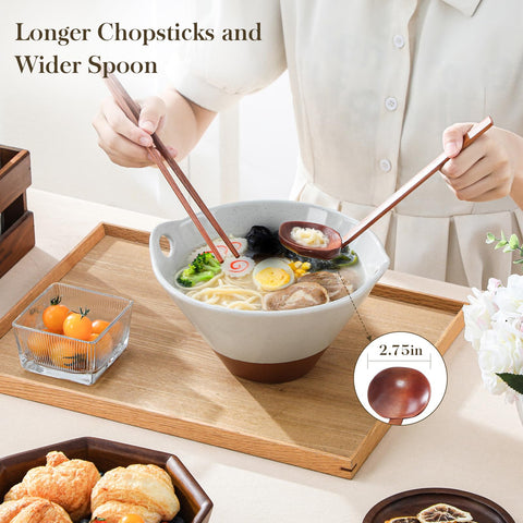 Long MALACASA Tara chopsticks complement deep bowls for precise noodle pickup