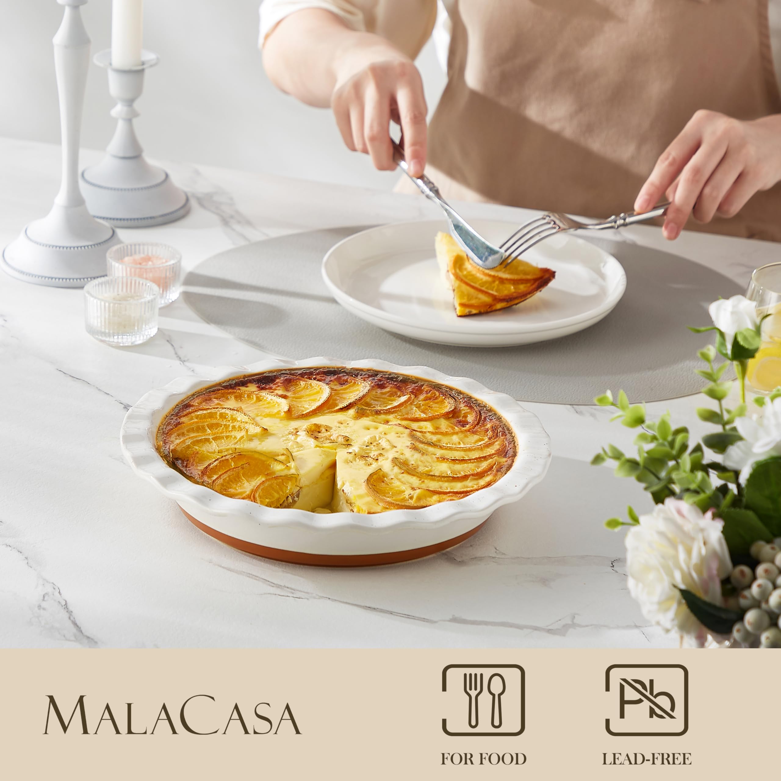 MALACASA Tara pie pan bottom non-slip supports even heat for consistent baking.