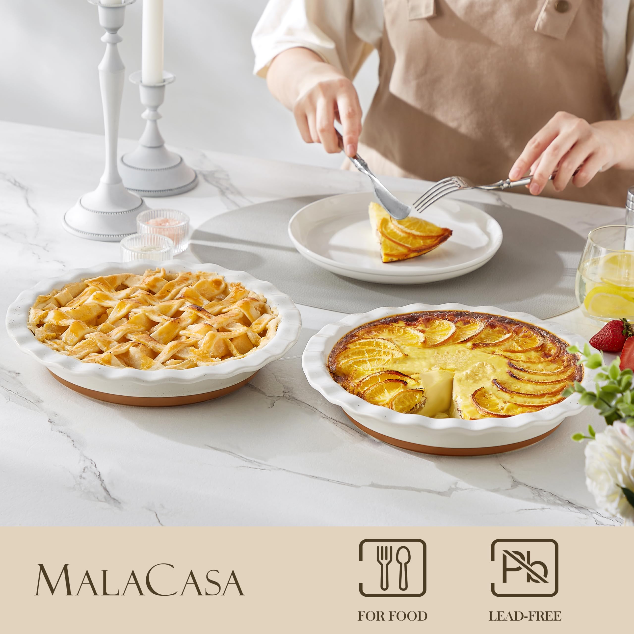 MALACASA Tara pie pan interior nonstick glaze eases release and cleanup.