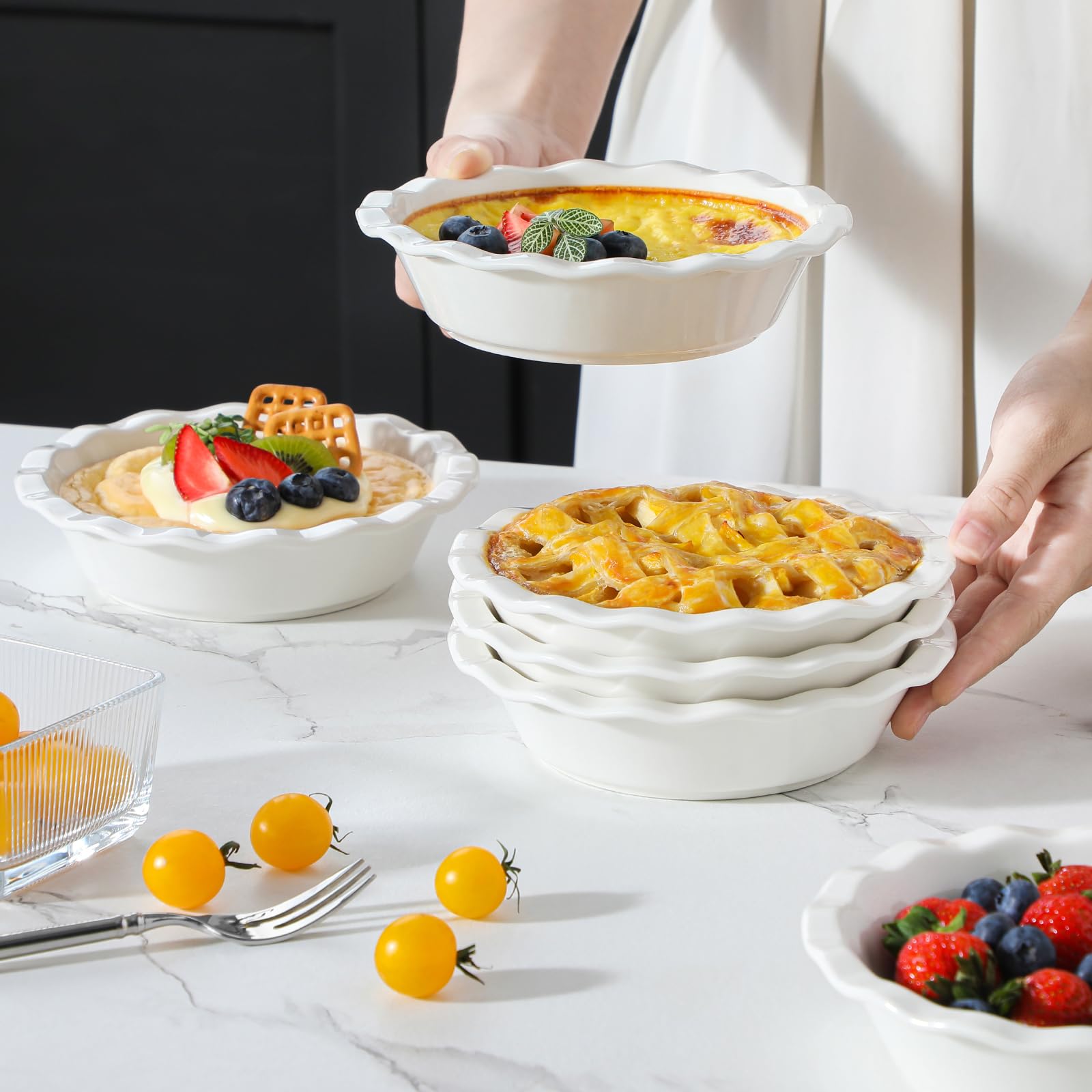 White MALACASA pie pans enhance table presentation for serving.