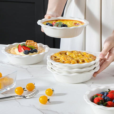 White MALACASA pie pans enhance table presentation for serving.