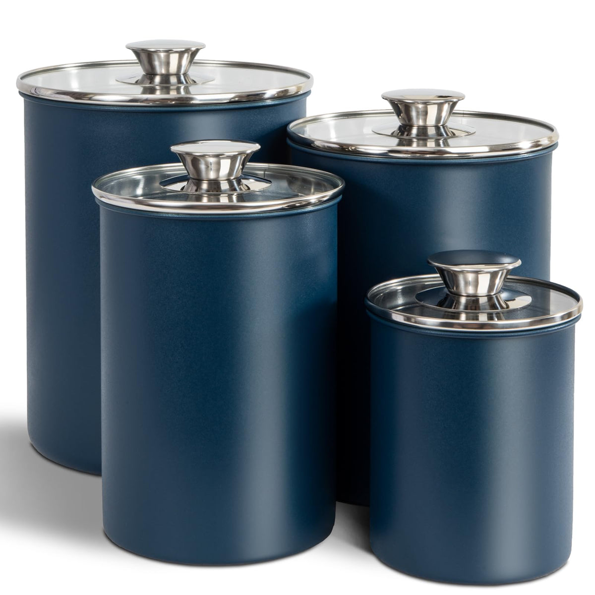 Malmo 4pc canister set with 16oz blue, clear view of contents for quick inventory.