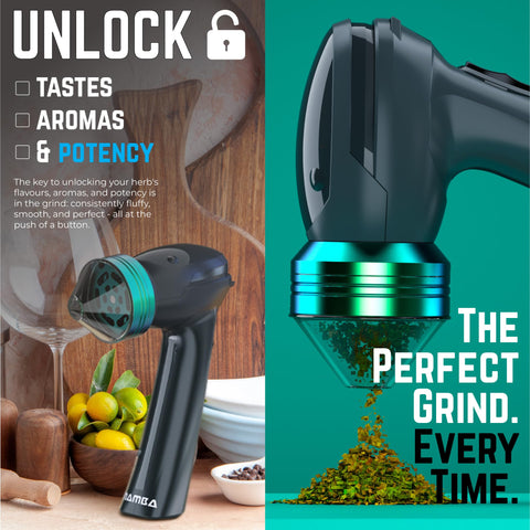 Mamba Electric Grinder sealed lid and safety lock for mess-free use.