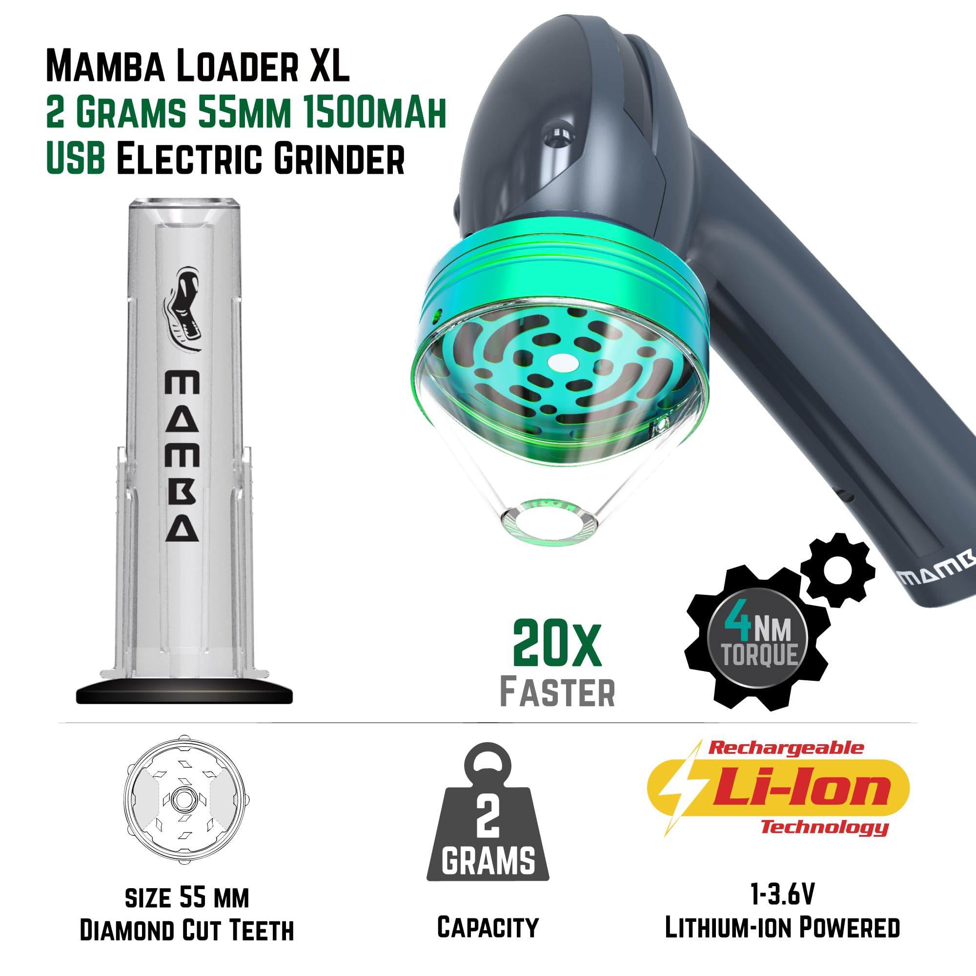 Mamba grinder with metal head for fast, fresh aroma extraction