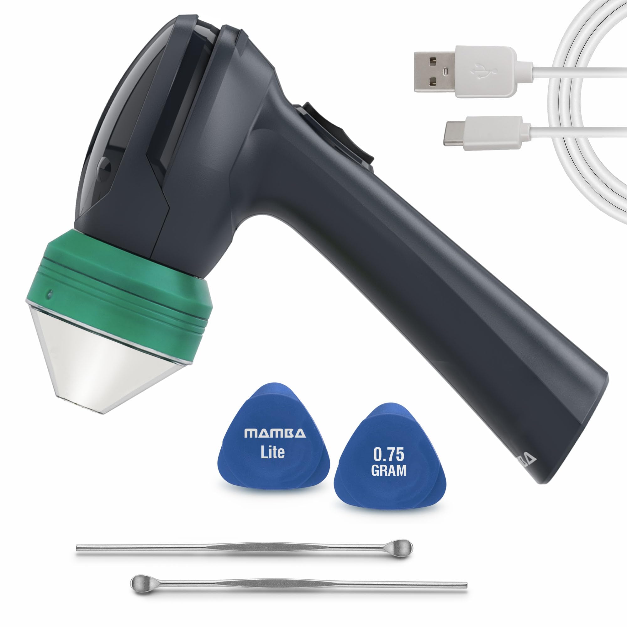 Mamba Lite 0.75g green head shown for compact herb grinding in a busy kitchen