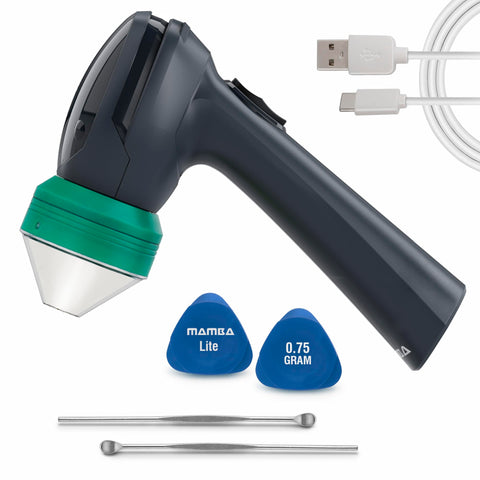 Mamba Lite 0.75g green head shown for compact herb grinding in a busy kitchen