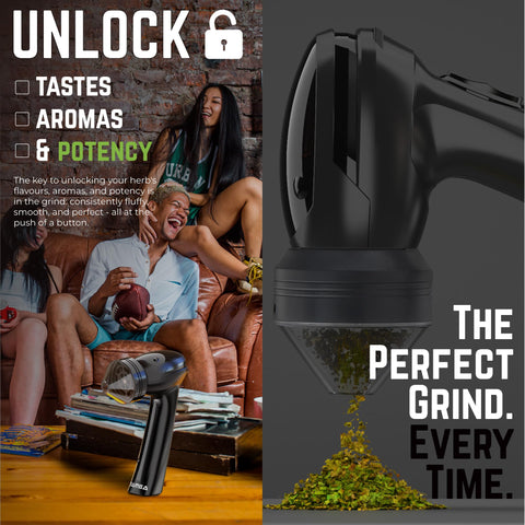 Mamba Lite clear spout enables mess-free herb dispensing.