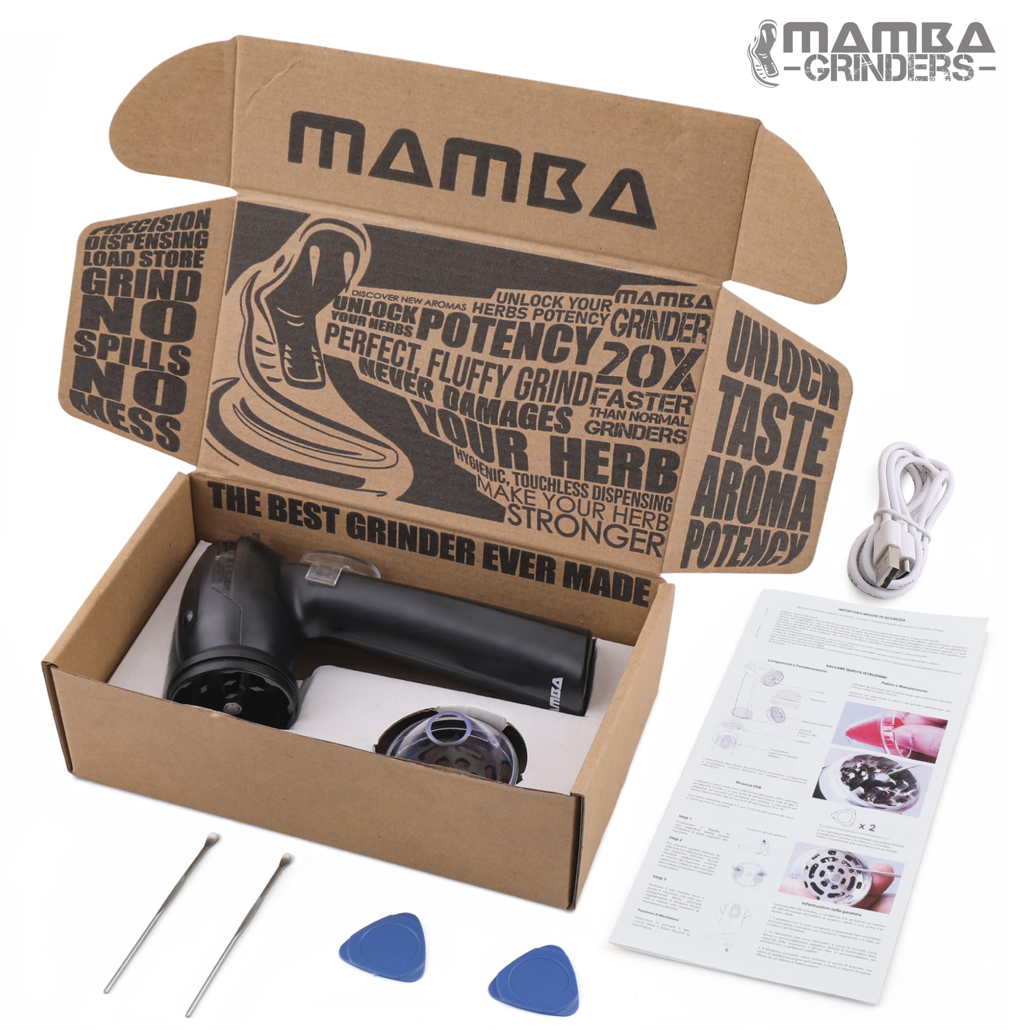 Mamba Lite kitchen spice mill ideal for basil, coriander, oregano prep.