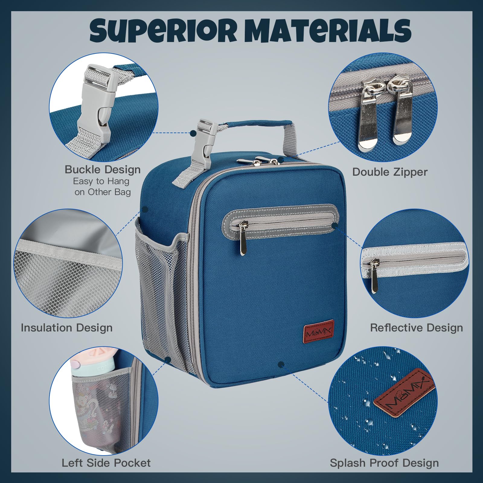 MaMix lunch bag side grid holds drinks and snacks securely