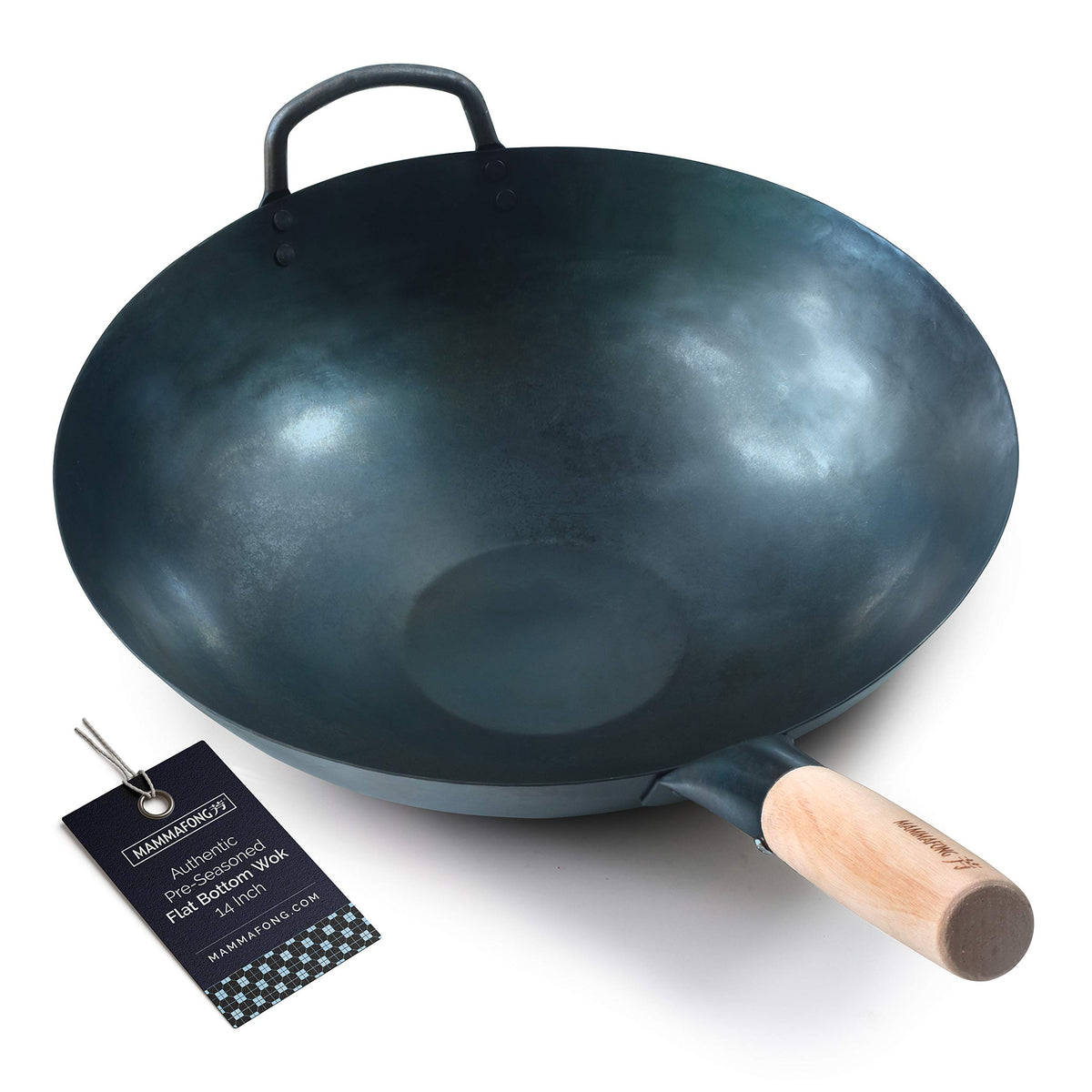 Mammafong 14-inch flat-bottom wok front view shows even heating.