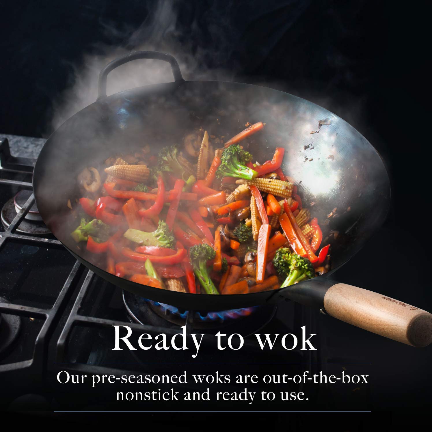 Mammafong blue carbon steel wok with hammered texture for authentic stir-fry.