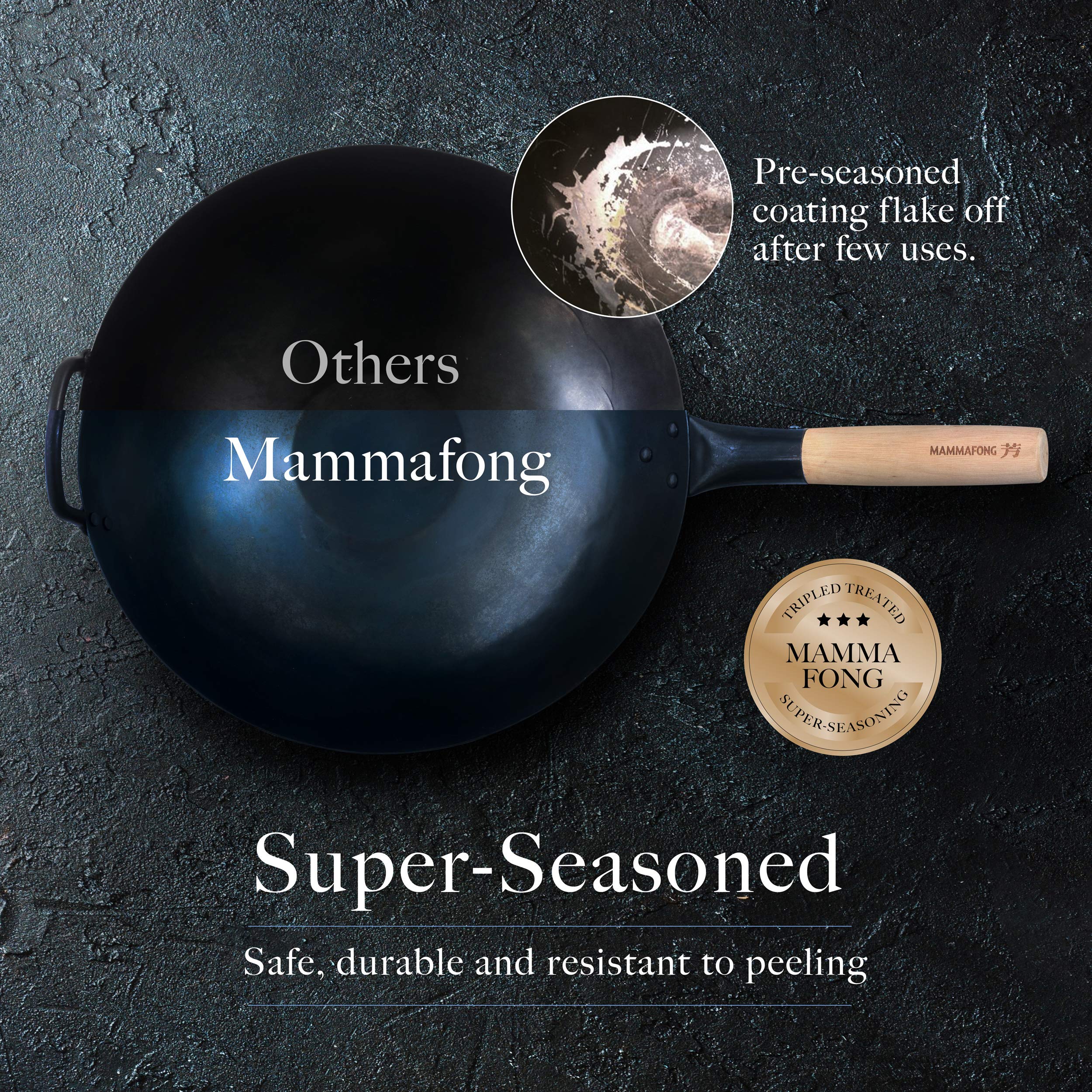 Mammafong flat-bottom wok securely rests on a gas stove.