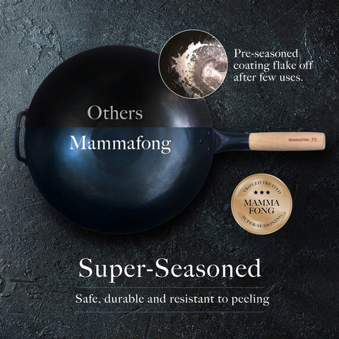 Mammafong flat-bottom wok securely rests on a gas stove.