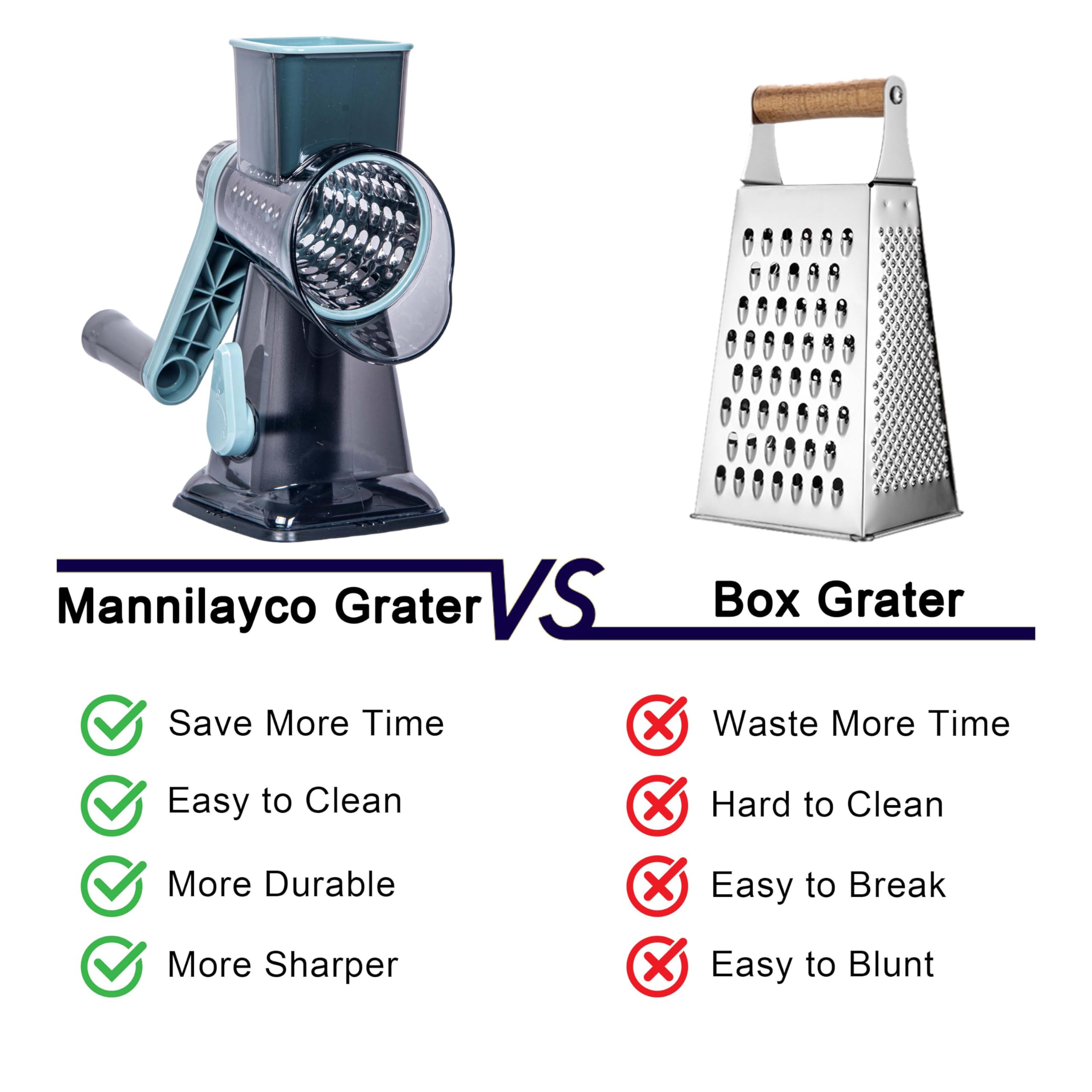 Mannilayco 3 drum blades for slicing, shredding, and grinding ingredients.
