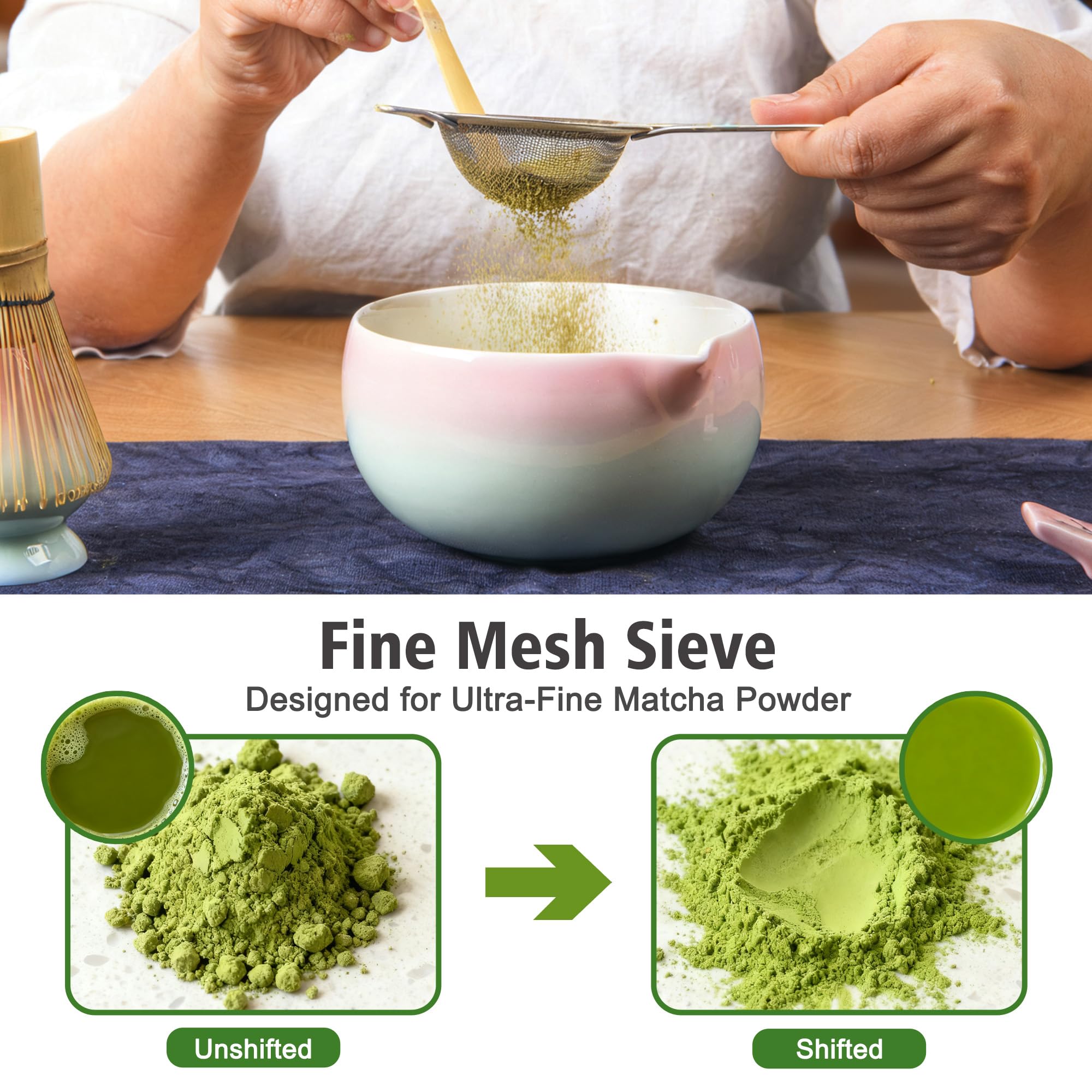Mannilayco matcha kit stainless steel sifter for fine powder.