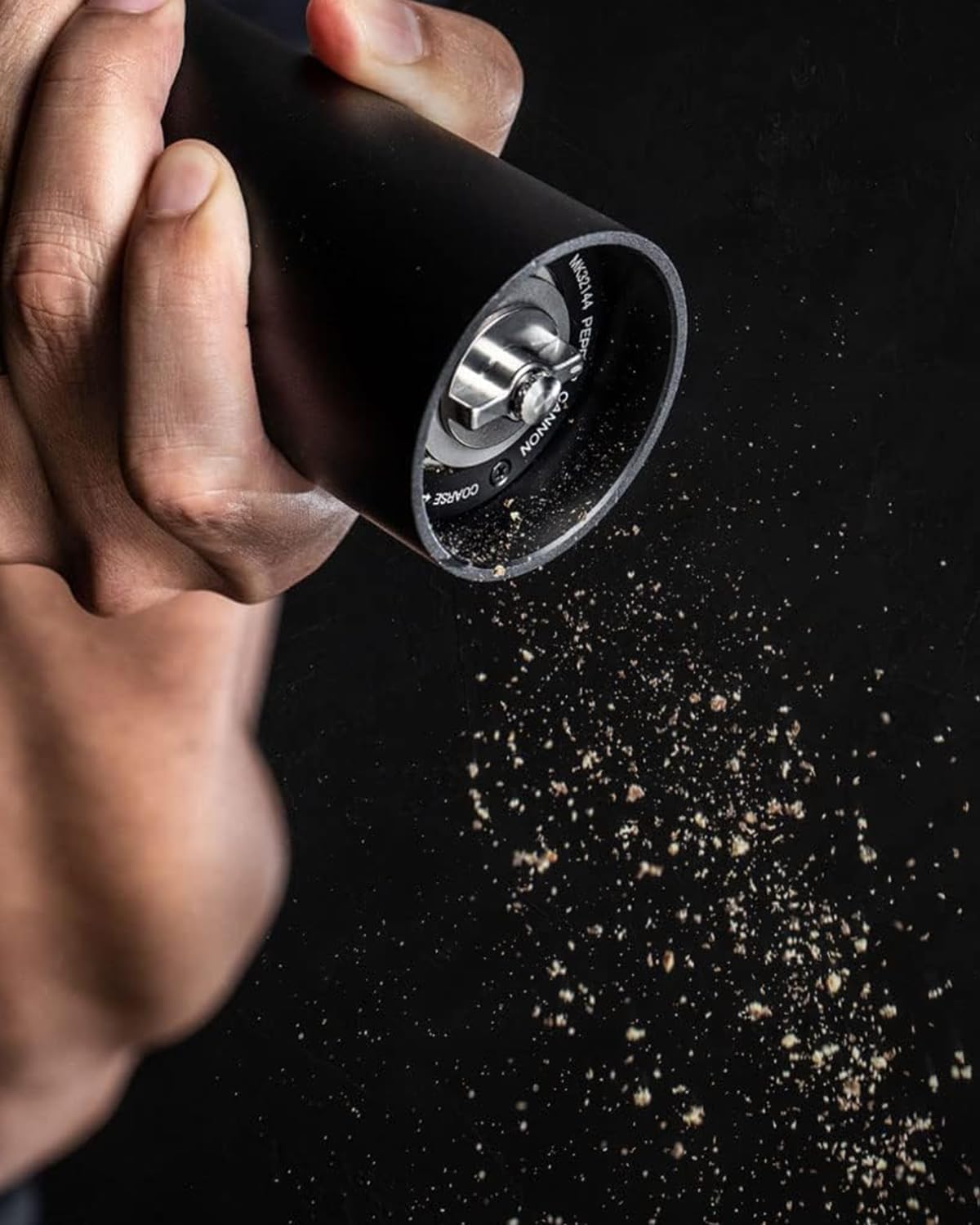 MANNKITCHEN Pepper Cannon burrs provide consistent texture from coarse to fine.
