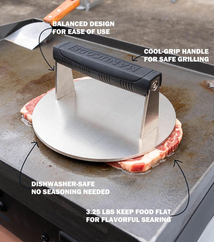 Manucode silicone-handle press stays cool for comfortable cooking sessions