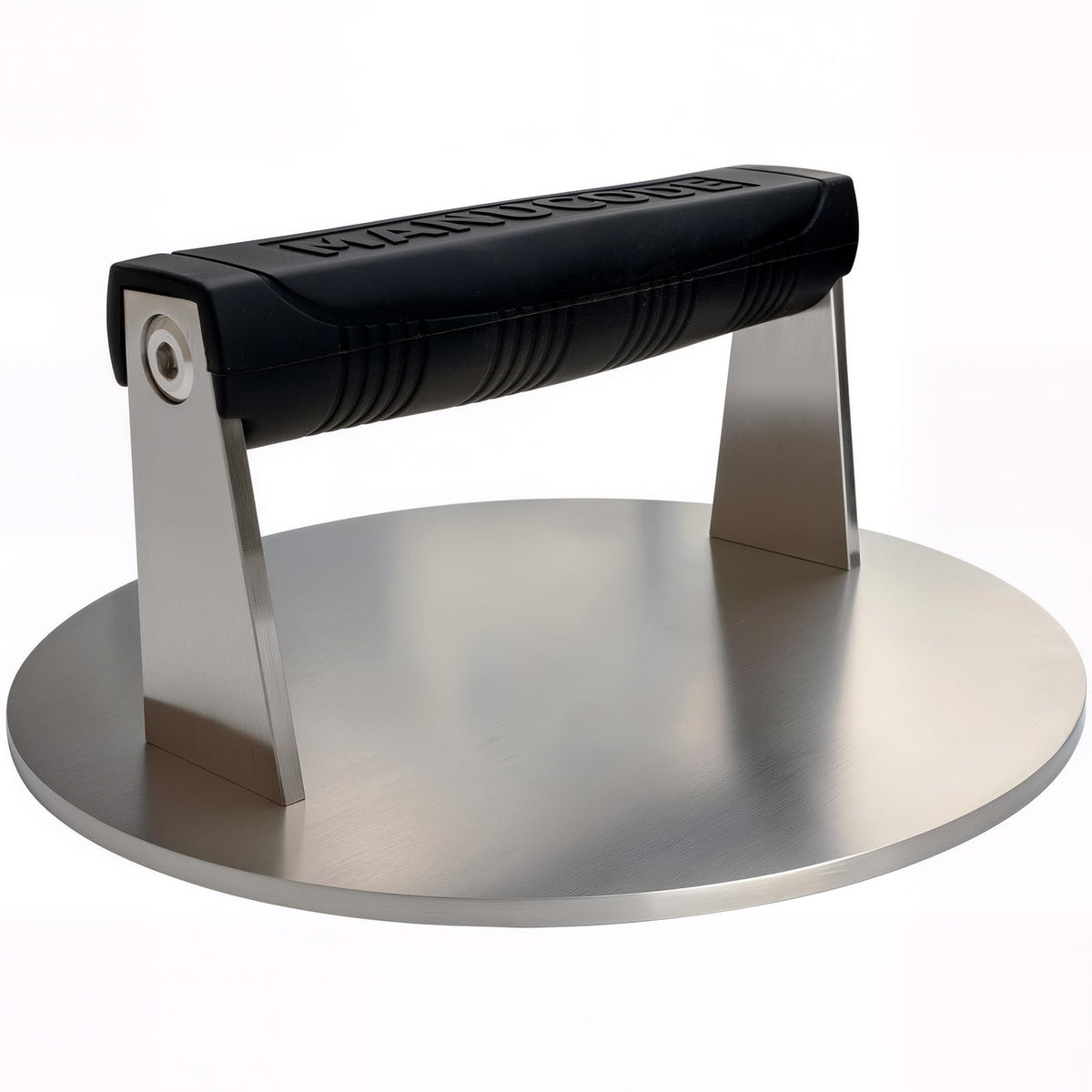 Manucode stainless steel burger smasher with an 8-inch head for even smash burgers