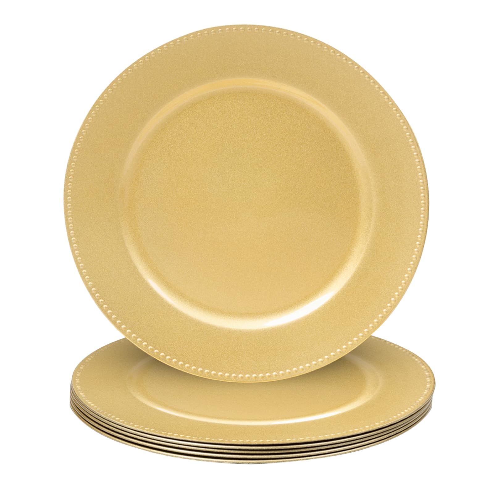 MAONAME 13-inch gold charger with beaded rim enhances elegant table settings.