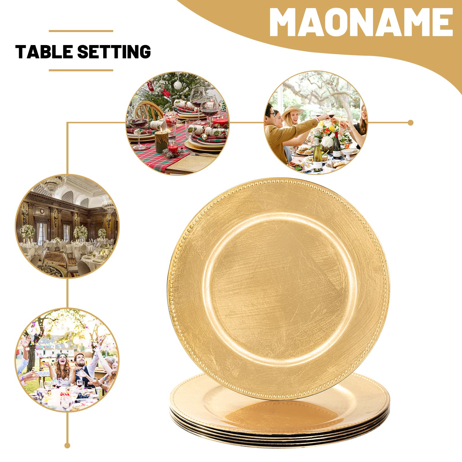 MAONAME easy-care plastic charger plates are simple to clean after use